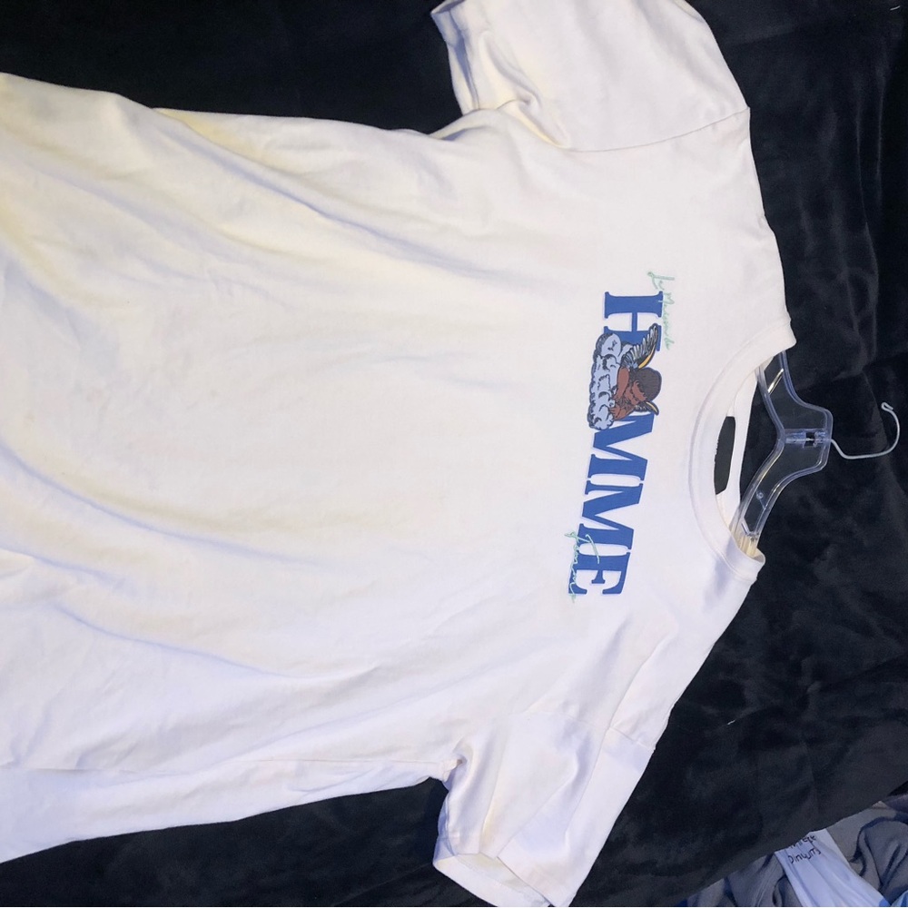 White T-Shirt with Blue Graphic